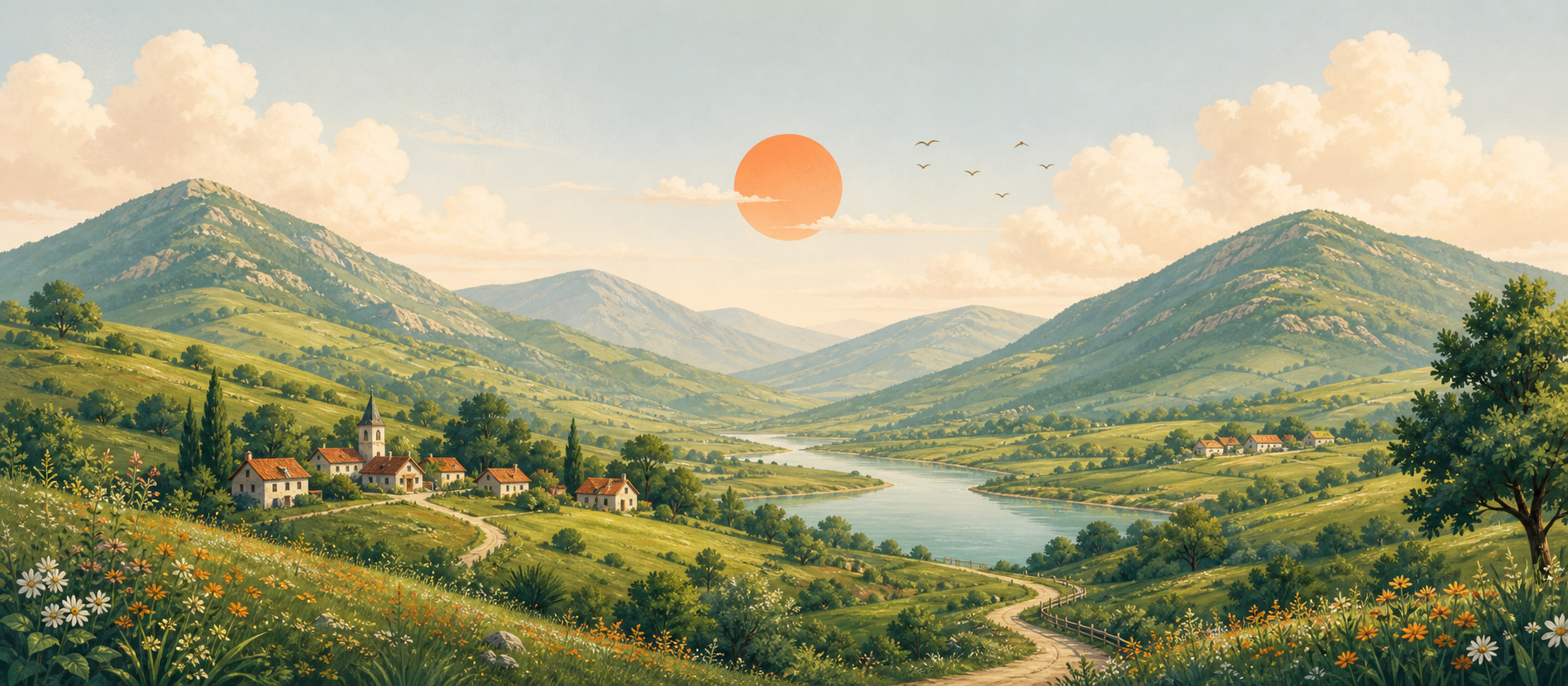 Green valley landscape with a warm coral sun.