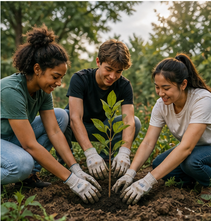 Young people planting a small tree in a community garden.
