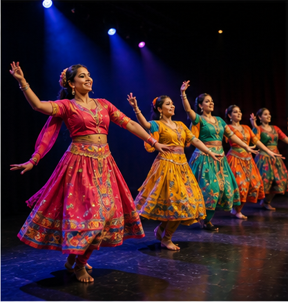 A colorful cultural dance performance on a small stage.