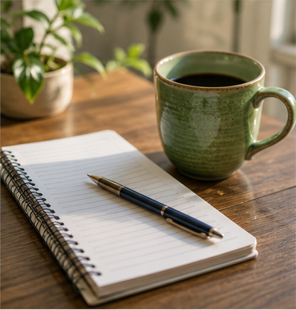 A notebook, pen, and green mug on a wooden desk.
