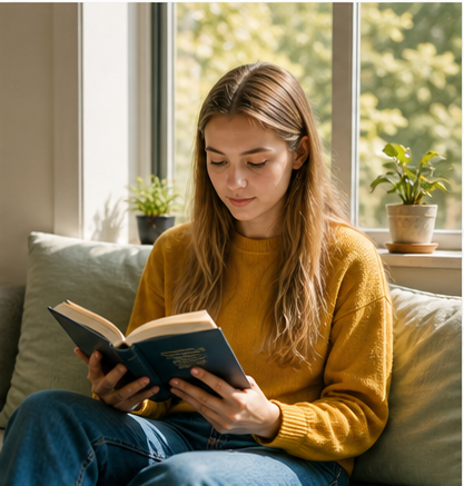 A young reader sitting by a bright window with a book.