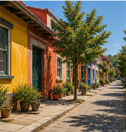 A colorful quiet street with trees and warm houses.