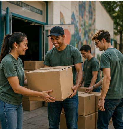 Volunteers carrying boxes outside a community center.