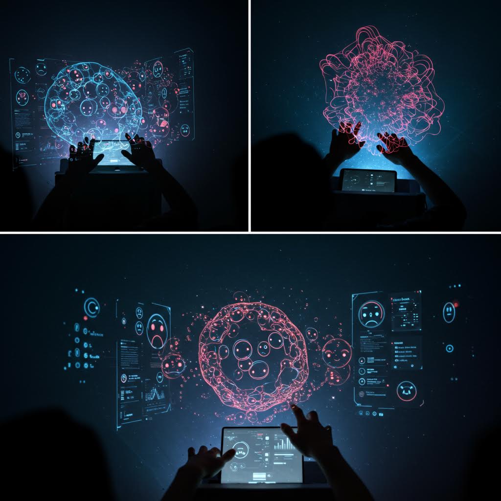 어두운 공간 속 손끝에서 붉은 빛의 데이터 구체가 피어나며 감정 알고리즘이 시각화되는 탐구의 순간