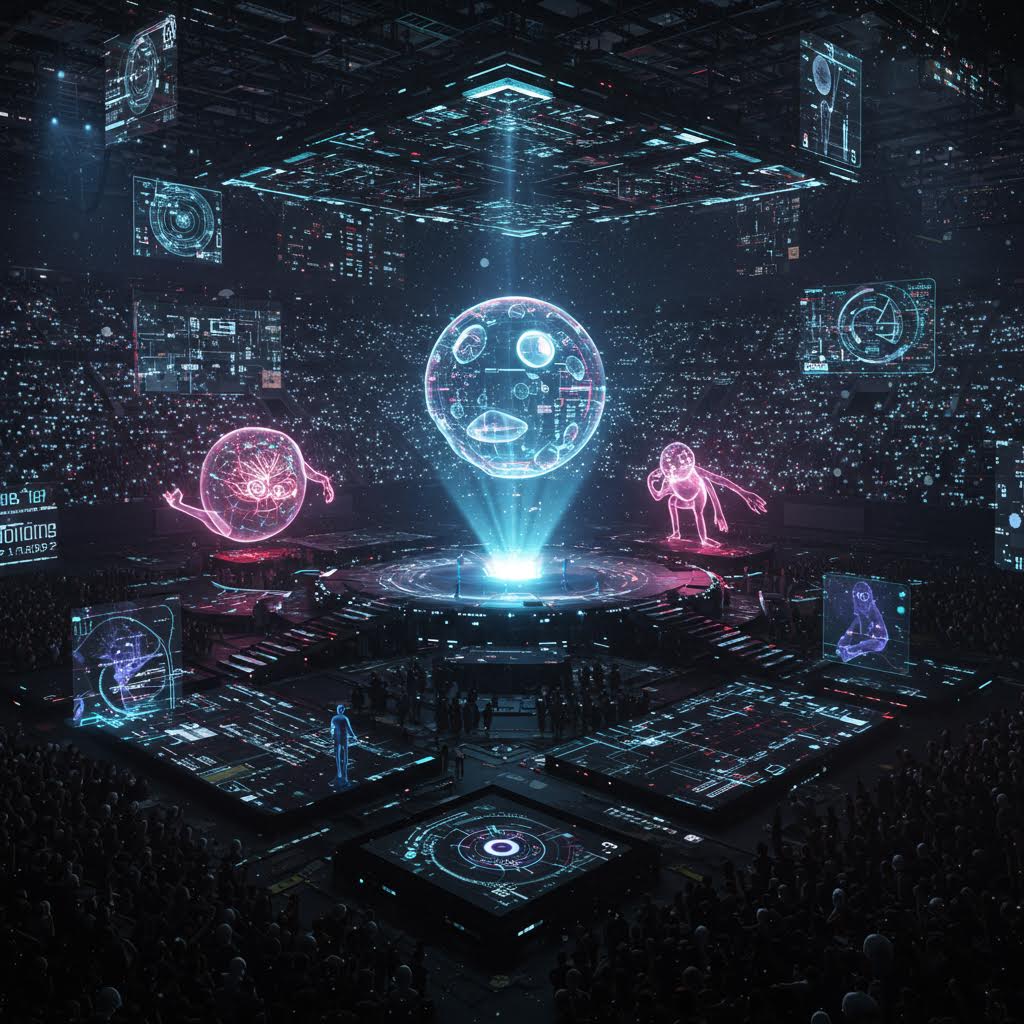 거대한 홀로그램 구체가 공중에 떠오르고 군중 속 빛의 파동이 퍼져나가는 미래 공연의 장면
