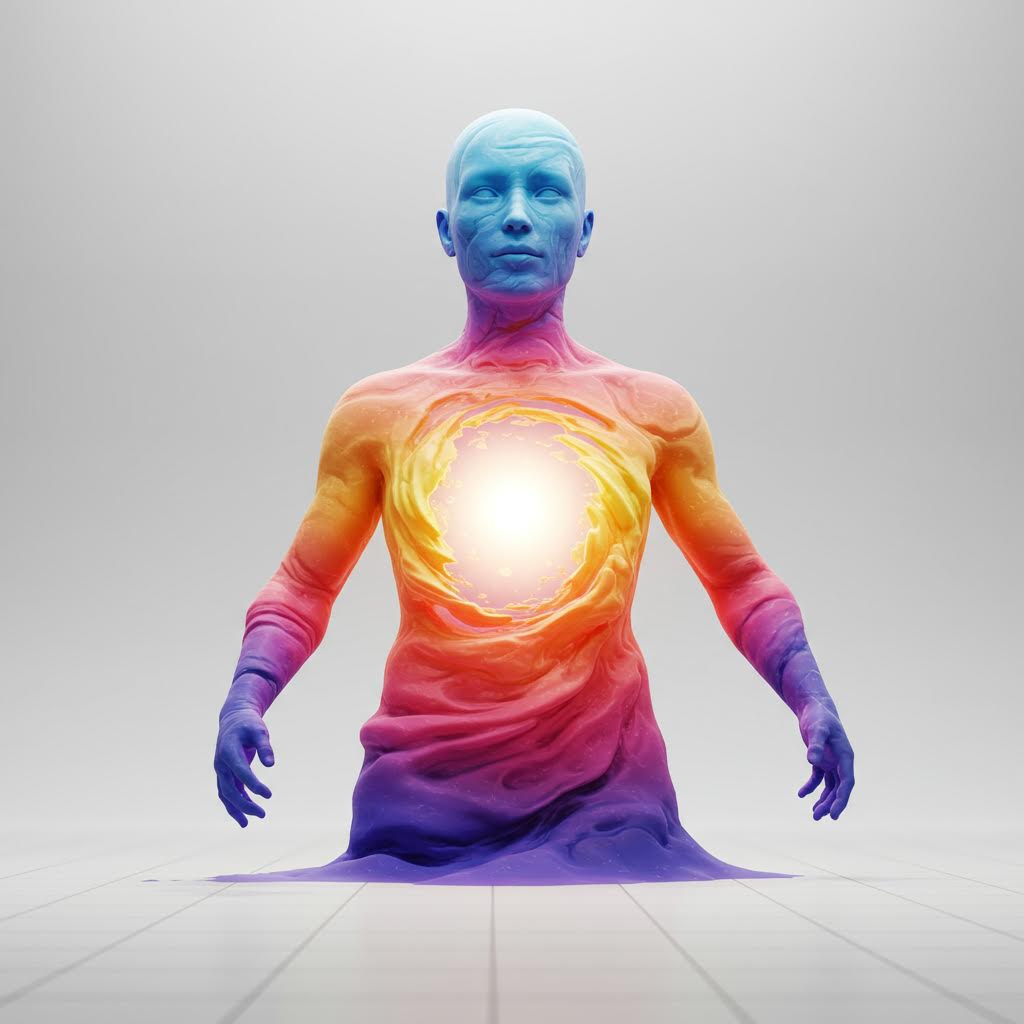 가슴에서 피어오르는 빛의 중심에 온카스터디의 신뢰가 에너지로 변환되어 맥동하는 내면의 흐름