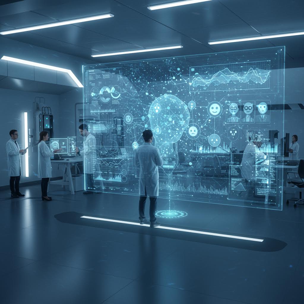 투명한 홀로그램 화면 속 인공지능 데이터가 떠오르고 연구자들이 분석에 몰입한 미래 연구실의 장면