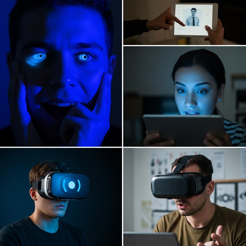 푸른빛 화면에 비친 얼굴들이 가상과 현실의 경계를 넘나드는 몰입의 순간