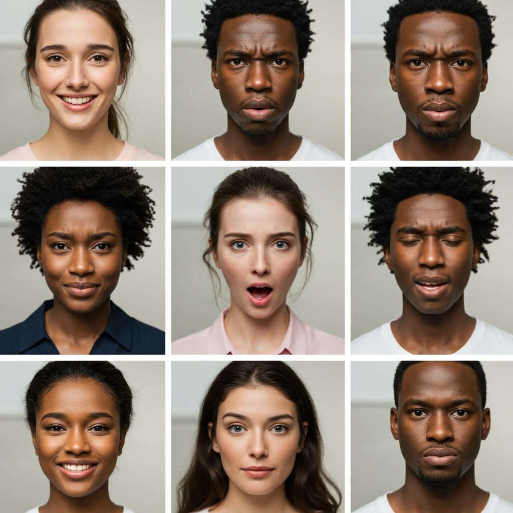 온카스터디 감정 표현 연구 - 행복, 놀람, 분노 등 다양한 감정을 담은 9개의 인물 초상 그리드