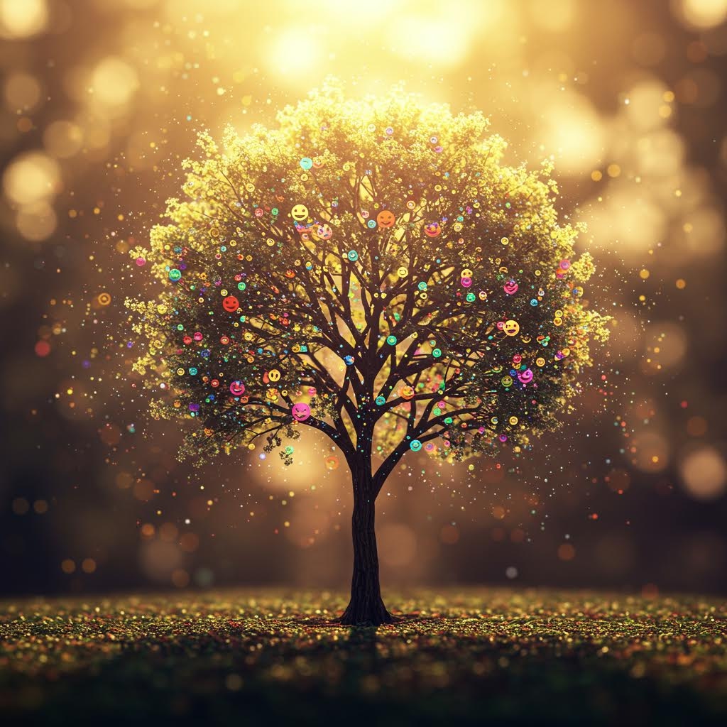황금빛 배경에서 빛나는 나무 한 그루가 가지에 다채로운 이모티콘과 소셜 미디어 아이콘들로 장식되어 있는 환상적이고 마법 같은 디지털 연결성의 상징적 이미지