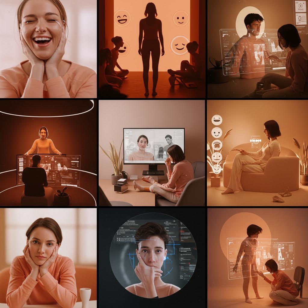 정신 건강, 웰빙, 디지털 치료를 주제로 한 9개의 장면으로 구성된 콜라주 - 명상, 온라인 상담, 감정 추적, 치료 세션 등을 따뜻한 조명 속에서 보여주는 이미지