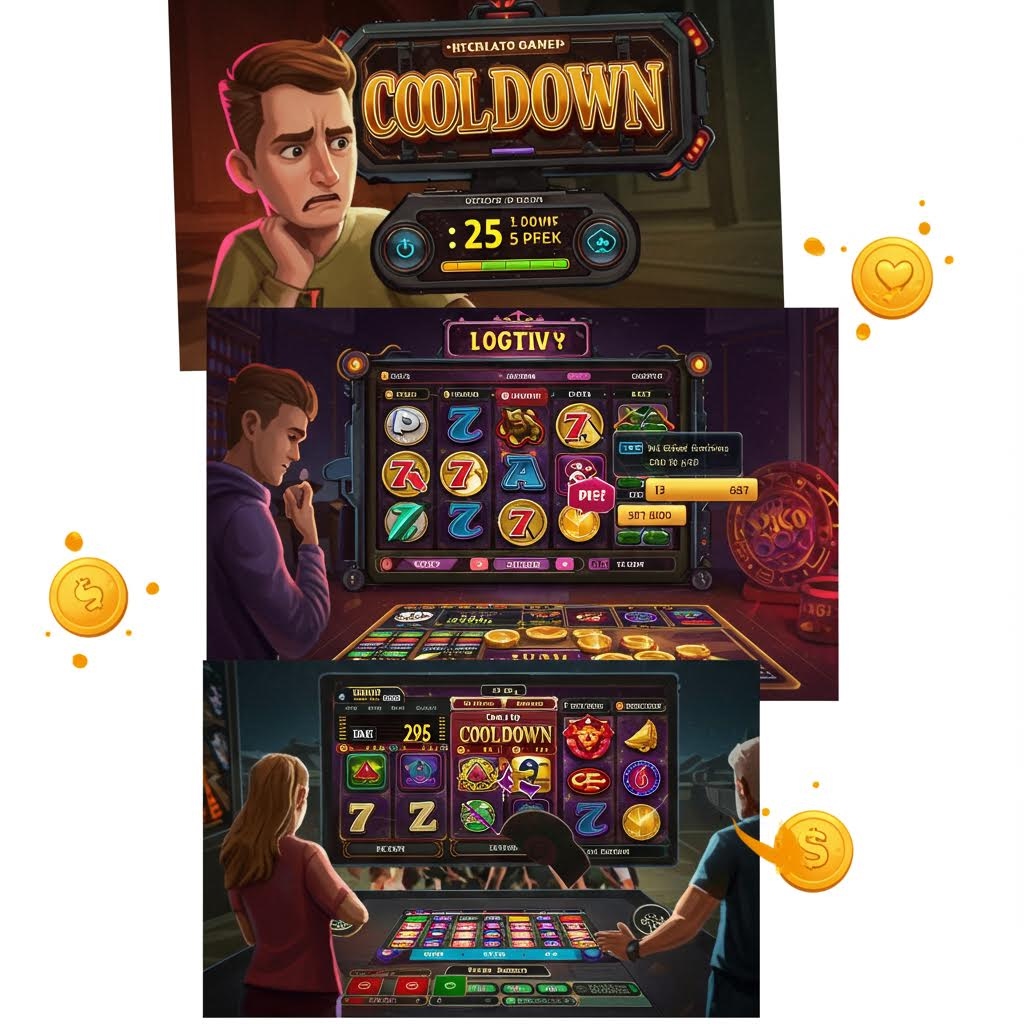 ‘COOLDOWN’ 슬롯 게임을 플레이하며 보상과 쿨다운 시간을 확인하는 사용자 인터랙션 장면