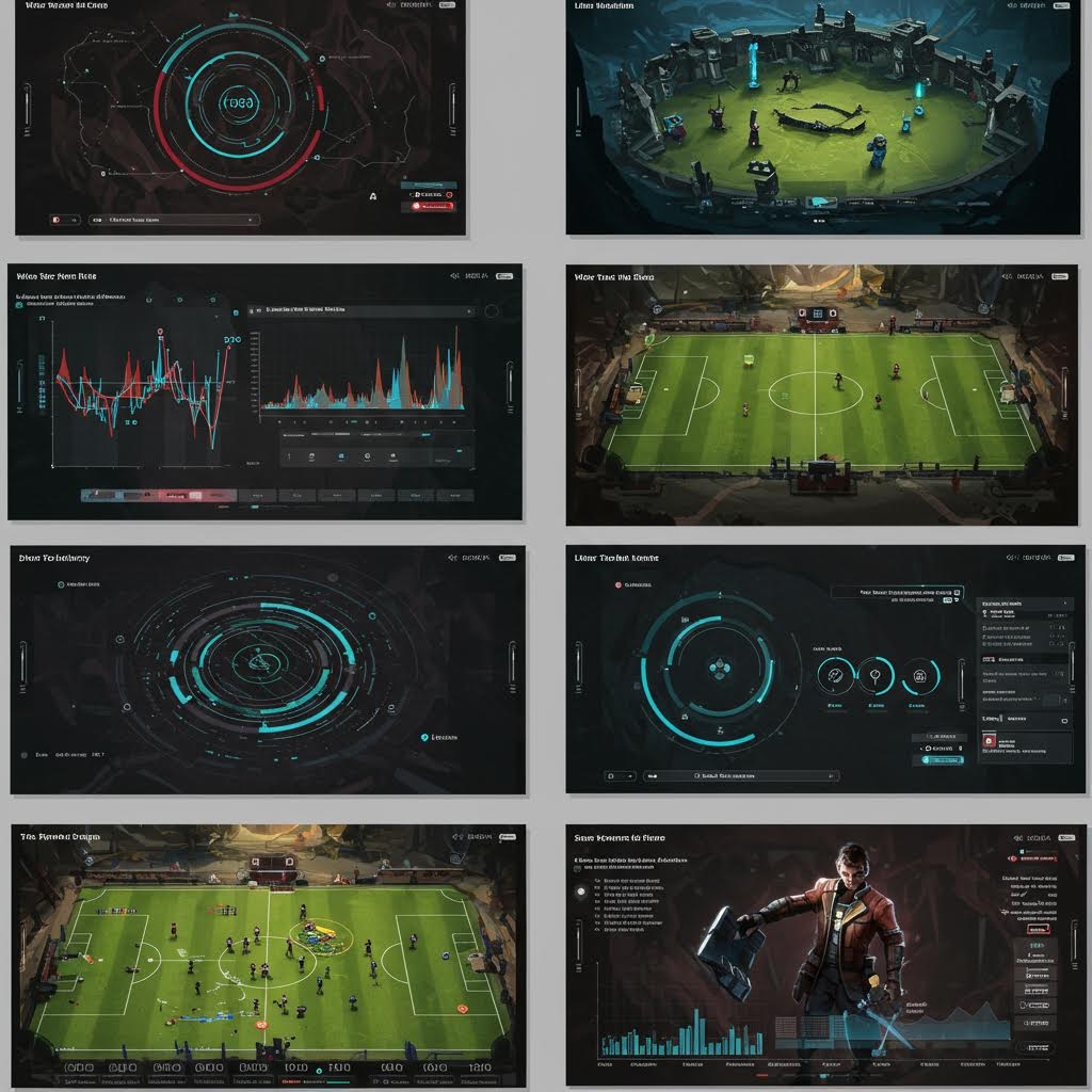 e스포츠 경기 데이터, 전술 분석 화면, 축구 필드 시뮬레이션 등이 나열된 게임 분석 대시보드