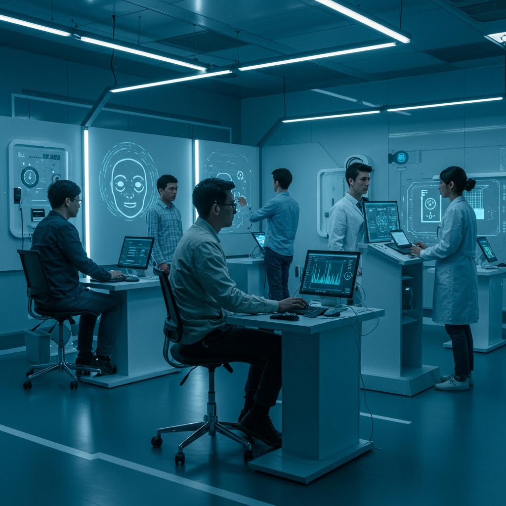 파란색 조명의 미래형 실험실이나 연구 시설에서 여러 연구원과 기술자들이 노트북과 디지털 디스플레이를 사용하며 얼굴 인식 및 데이터 분석 인터페이스 작업을 하는 장면