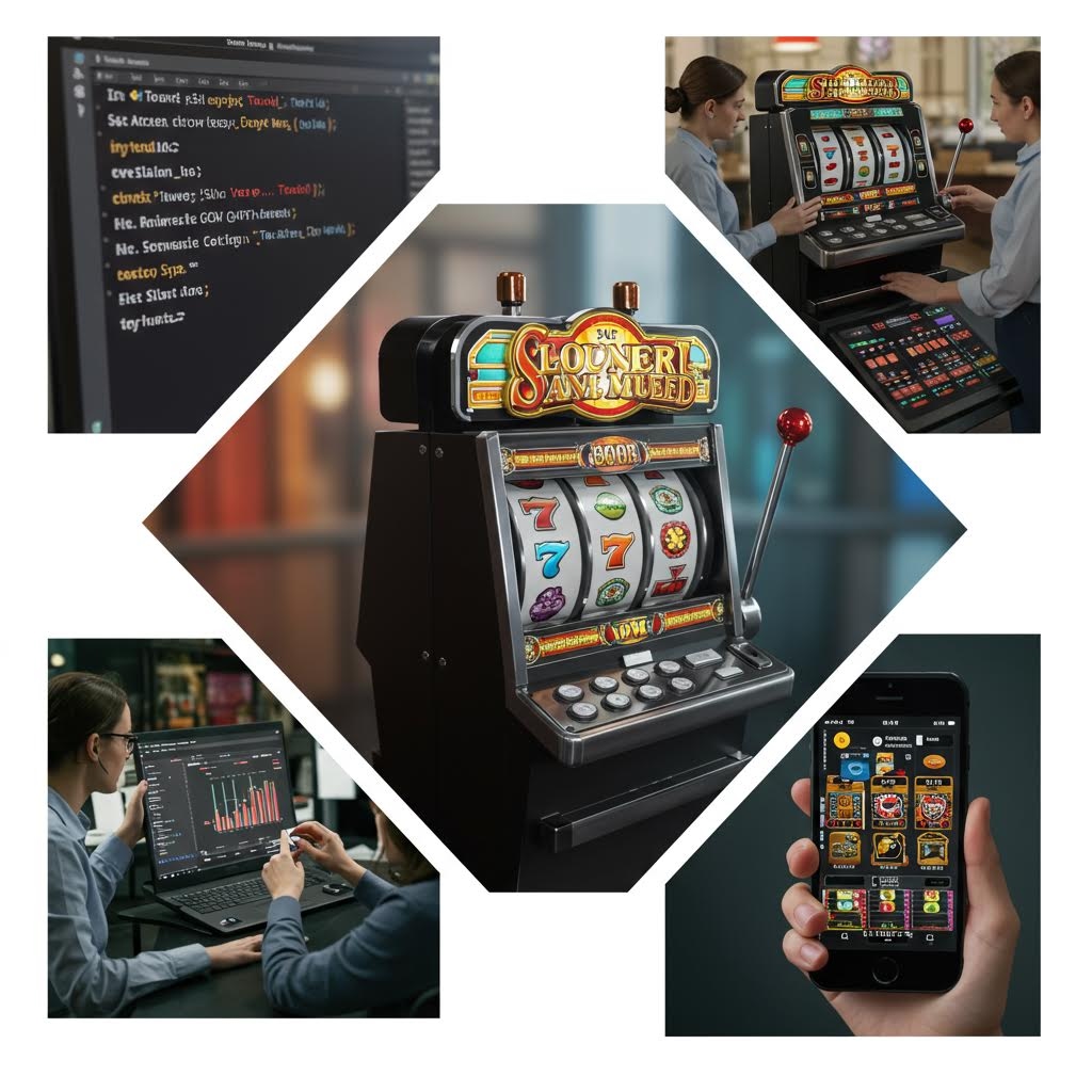 슬롯머신을 중심으로 개발자들이 게임 데이터를 코딩하고 분석하는 장면의 콜라주 이미지.