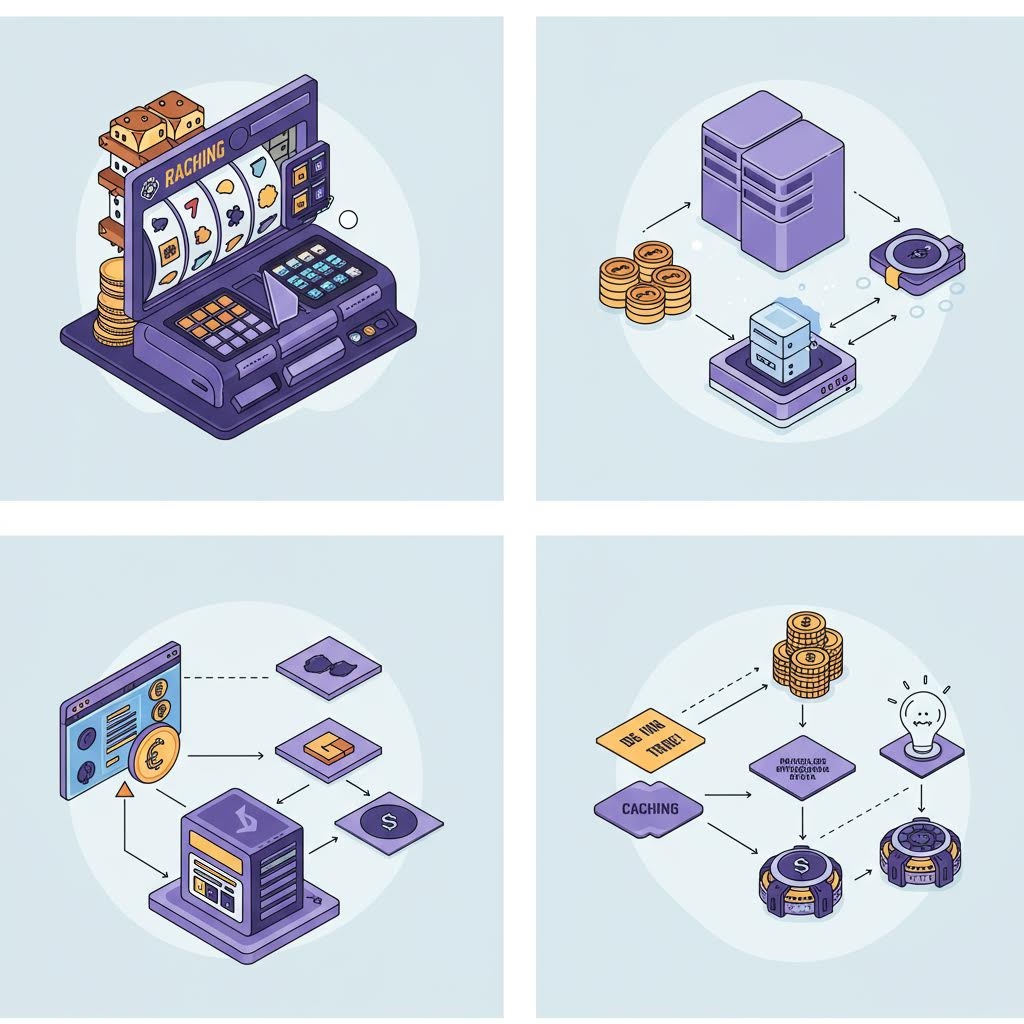 슬롯머신과 코인 흐름, 서버 구조를 아이소메트릭 스타일로 표현한 카지노 보상 시스템 일러스트