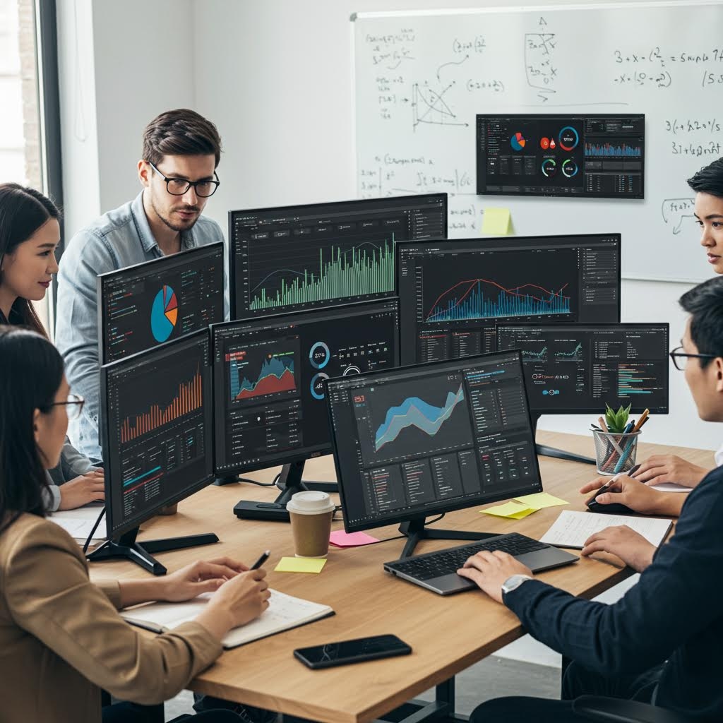 여러 대의 모니터에 분석 차트와 그래프를 띄워 놓고 회의하는 데이터 분석 팀의 모습