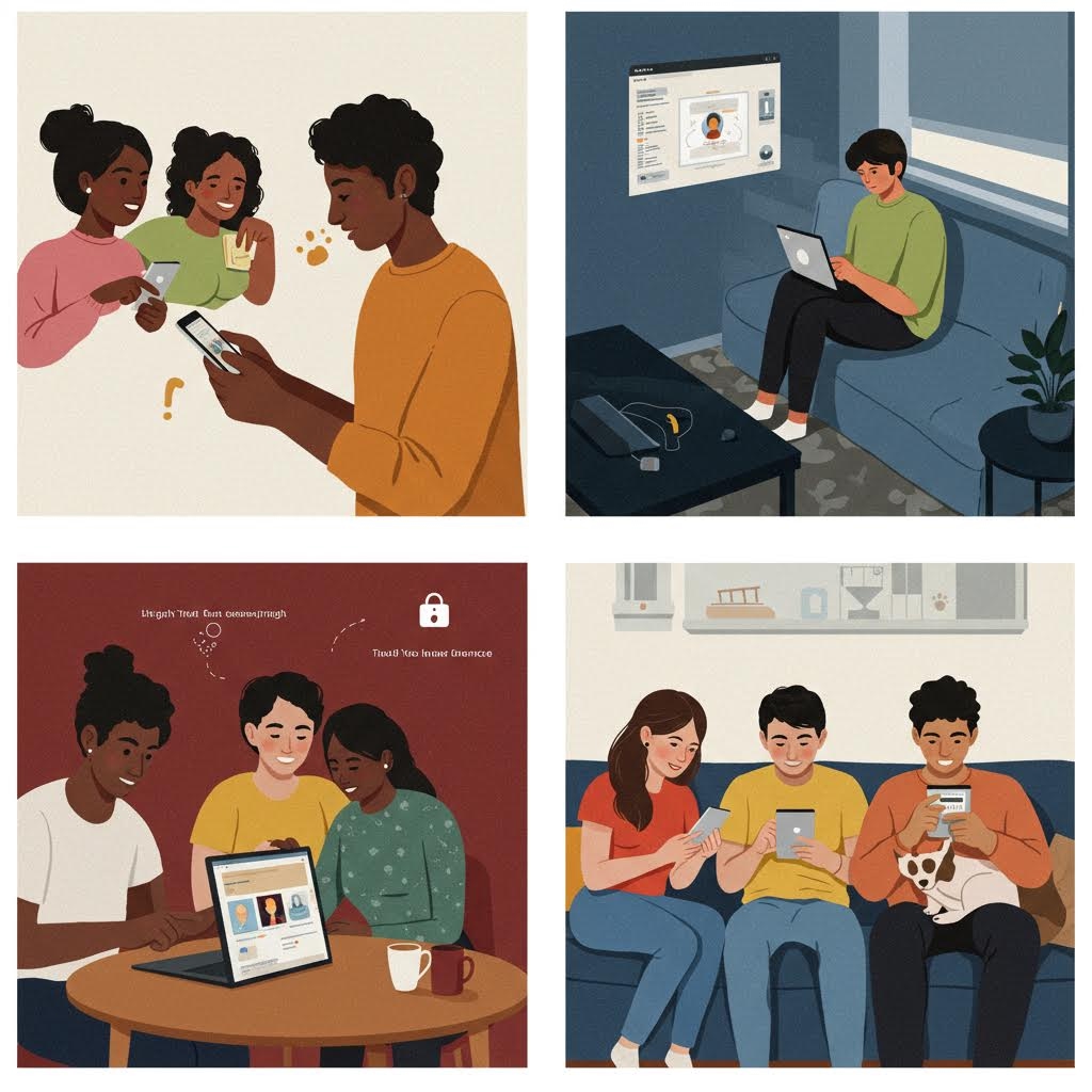 온카스터디 소셜 러닝 장면 - 모바일 기기와 태블릿을 활용한 친구들과의 온라인 학습 및 토론 일러스트