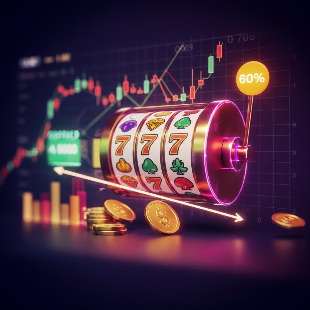 7·7·7 슬롯 릴과 배경의 금융 차트가 결합된 카지노 및 투자 데이터 시각화 이미지.