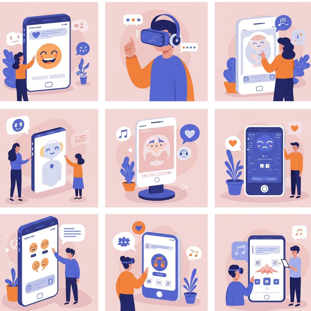 이모티콘, VR 헤드셋, 음성 메시지, 음악 재생 등 다양한 모바일 앱 기능과 상호작용하는 사람들을 보여주는 9개의 일러스트레이션 콜라주 (파란색과 주황색 톤)