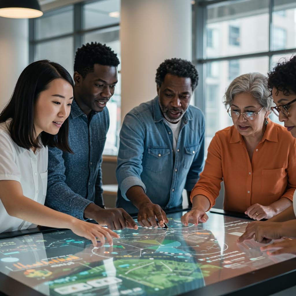 온카스터디 인터랙티브 워크샵 - 터치스크린 테이블에서 디지털 맵과 데이터를 함께 탐색하는 다문화 팀