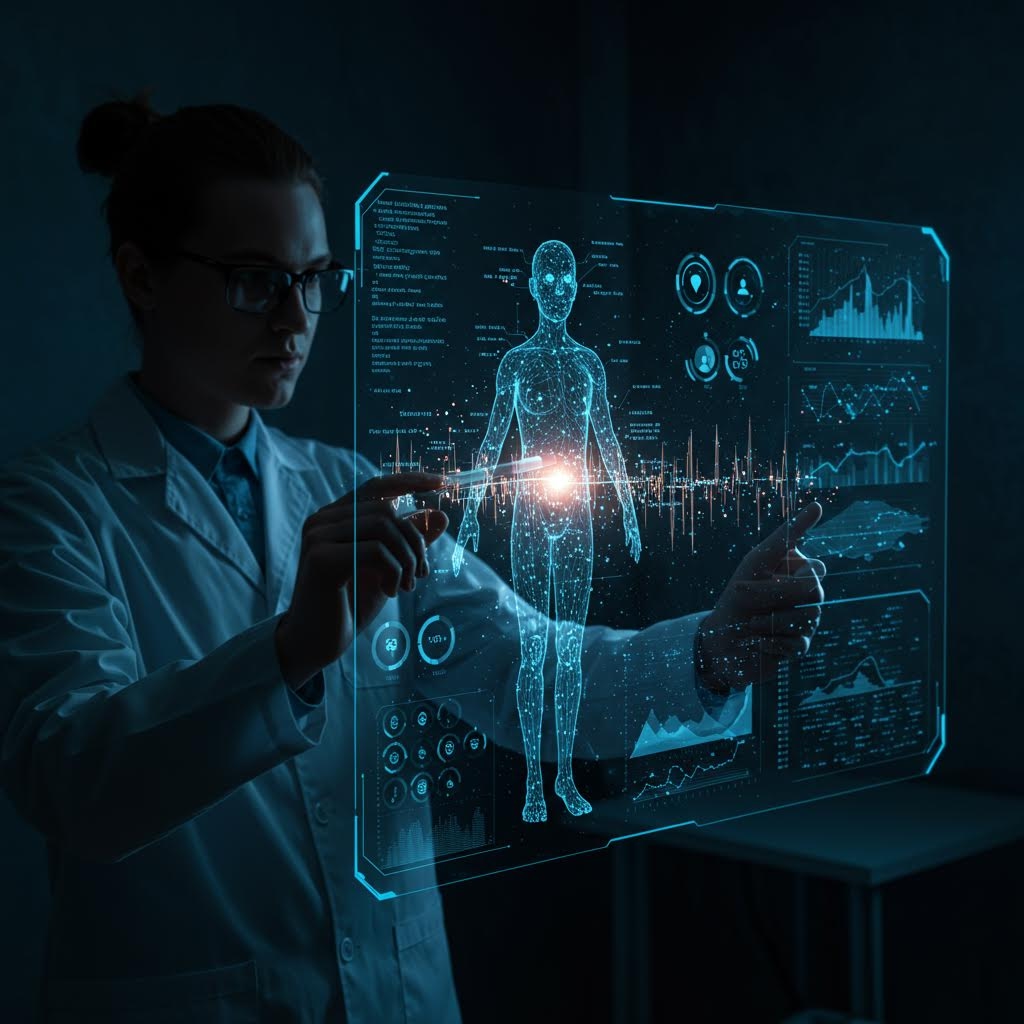 온카스터디 의료 AI 분석 - 홀로그램 인체 스캔과 헬스 데이터를 검토하는 의료 전문가의 미래형 진단 시스템