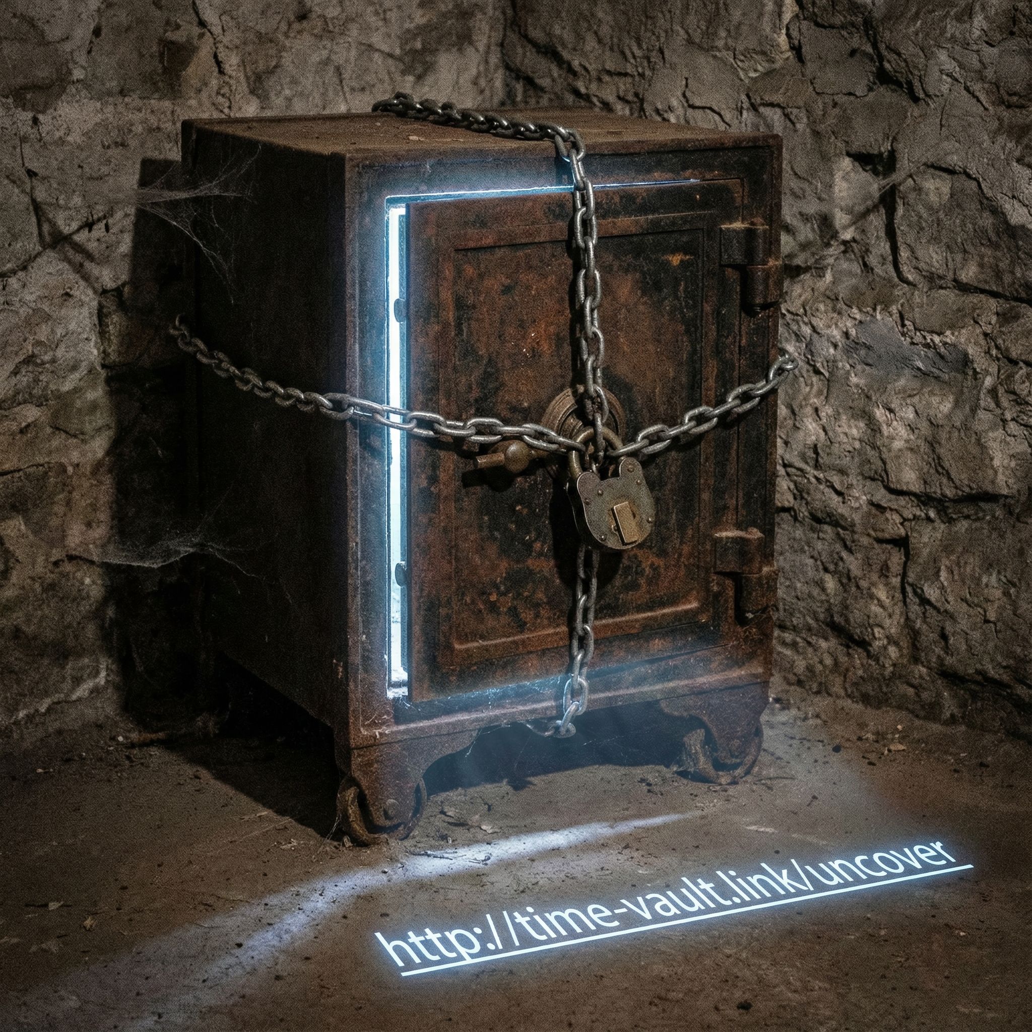 문이 굳게 닫힌 고풍스러운 금고 안에 현대적인 푸른색 하이퍼링크가 빛나고, 겉은 두꺼운 사슬과 자물쇠로
