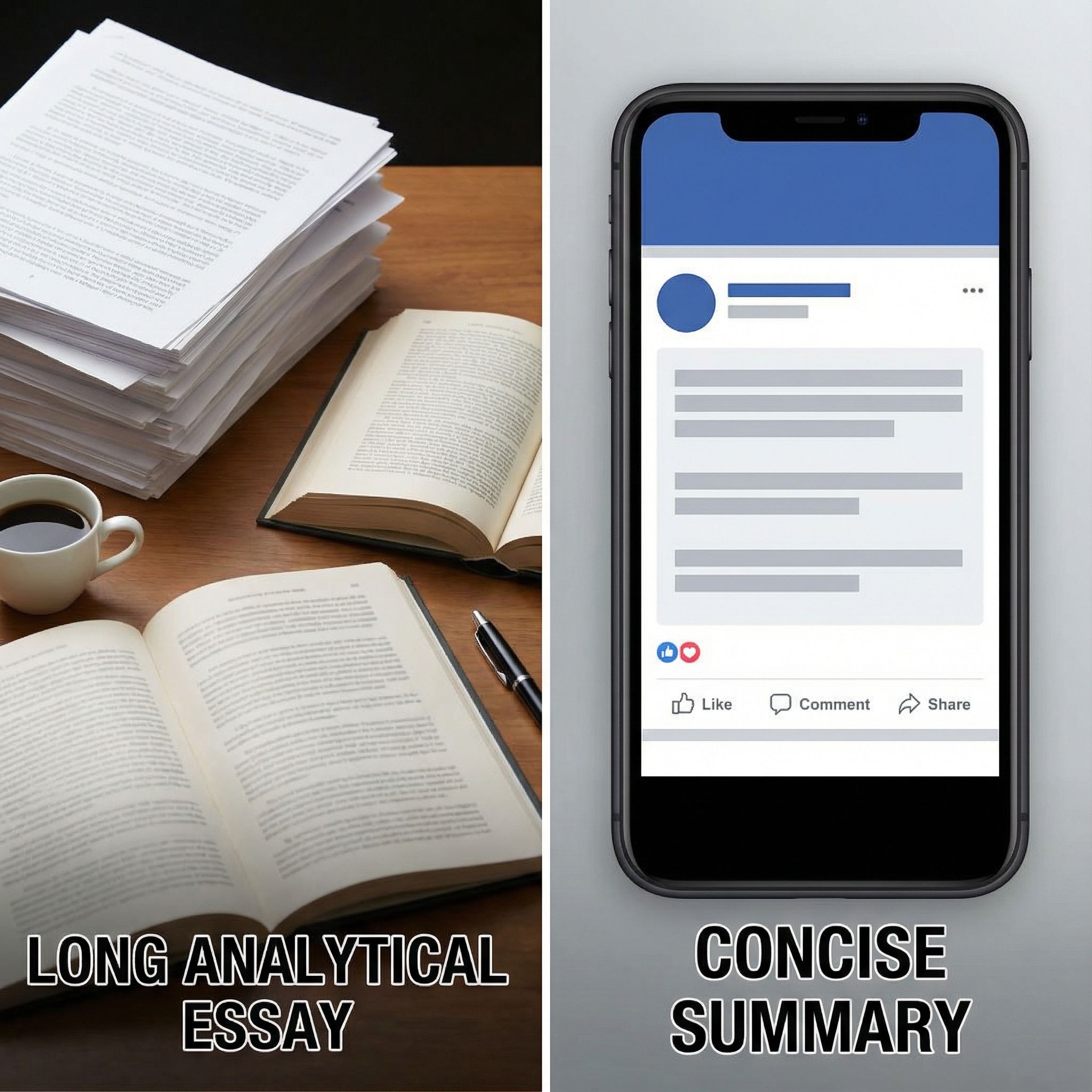 긴 글과 짧은 요약이 나란히 놓여 있고, 짧은 요약이 소셜 미디어 아이콘들로 둘러싸여 널리 퍼지는 모습이다.