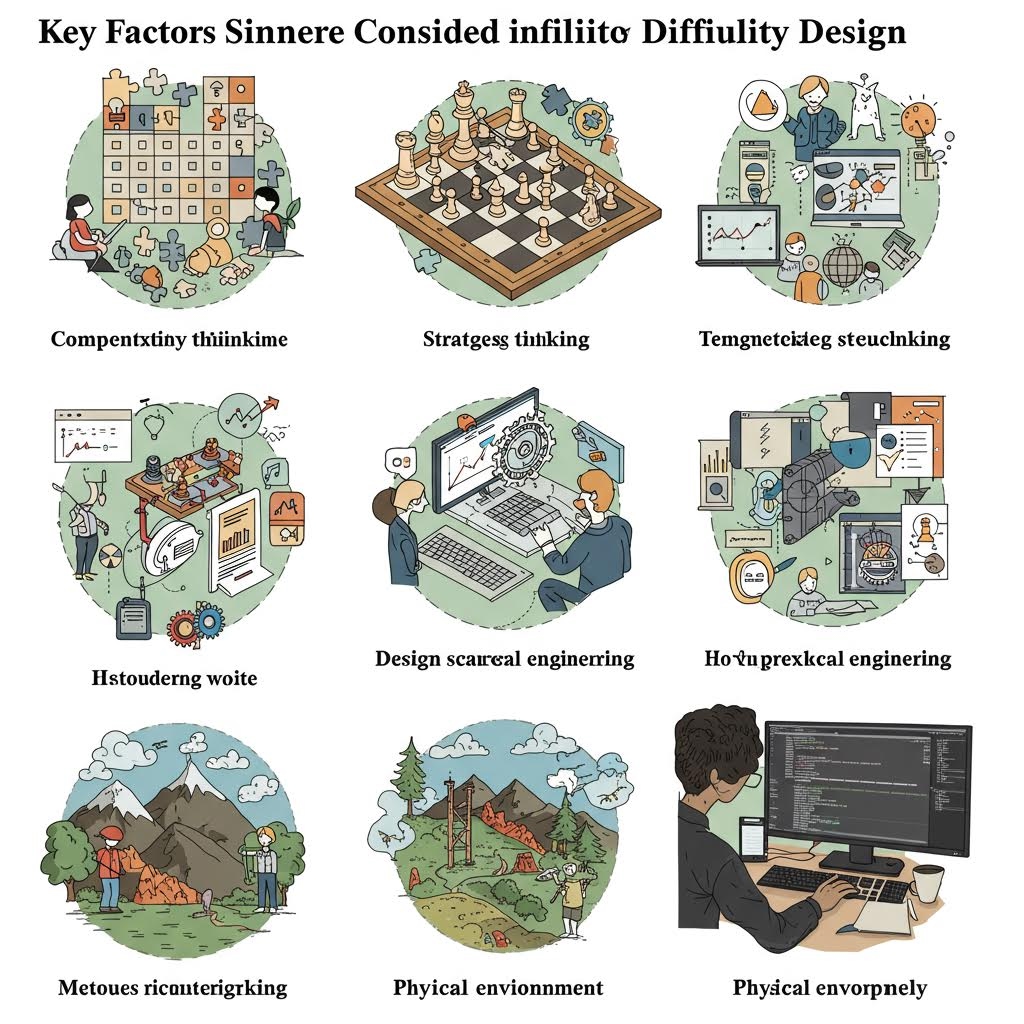 전략, 공학, 환경 등 다양한 난이도 요소를 주제로 한 일러스트 아이콘 모음