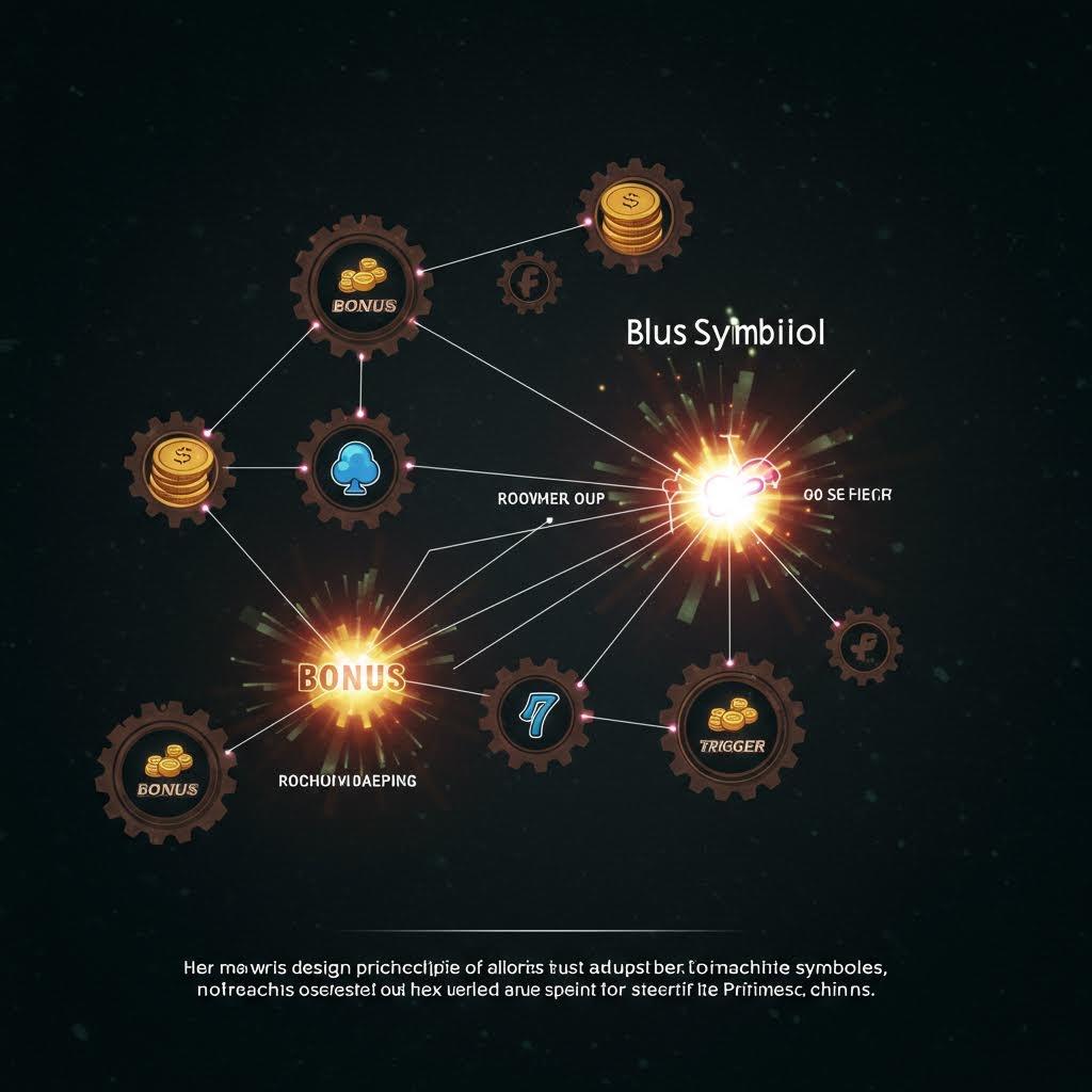 보너스 아이콘과 동전 심볼들이 선으로 연결된 슬롯 게임 보너스 구조 일러스트