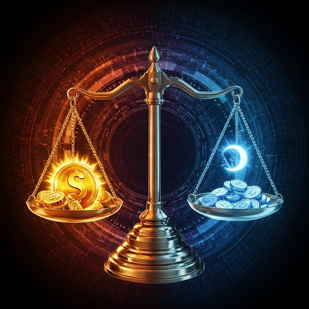 기술적 배경 앞에서 황금 동전과 은색 동전이 양쪽 저울에 놓인 균형 개념 이미지