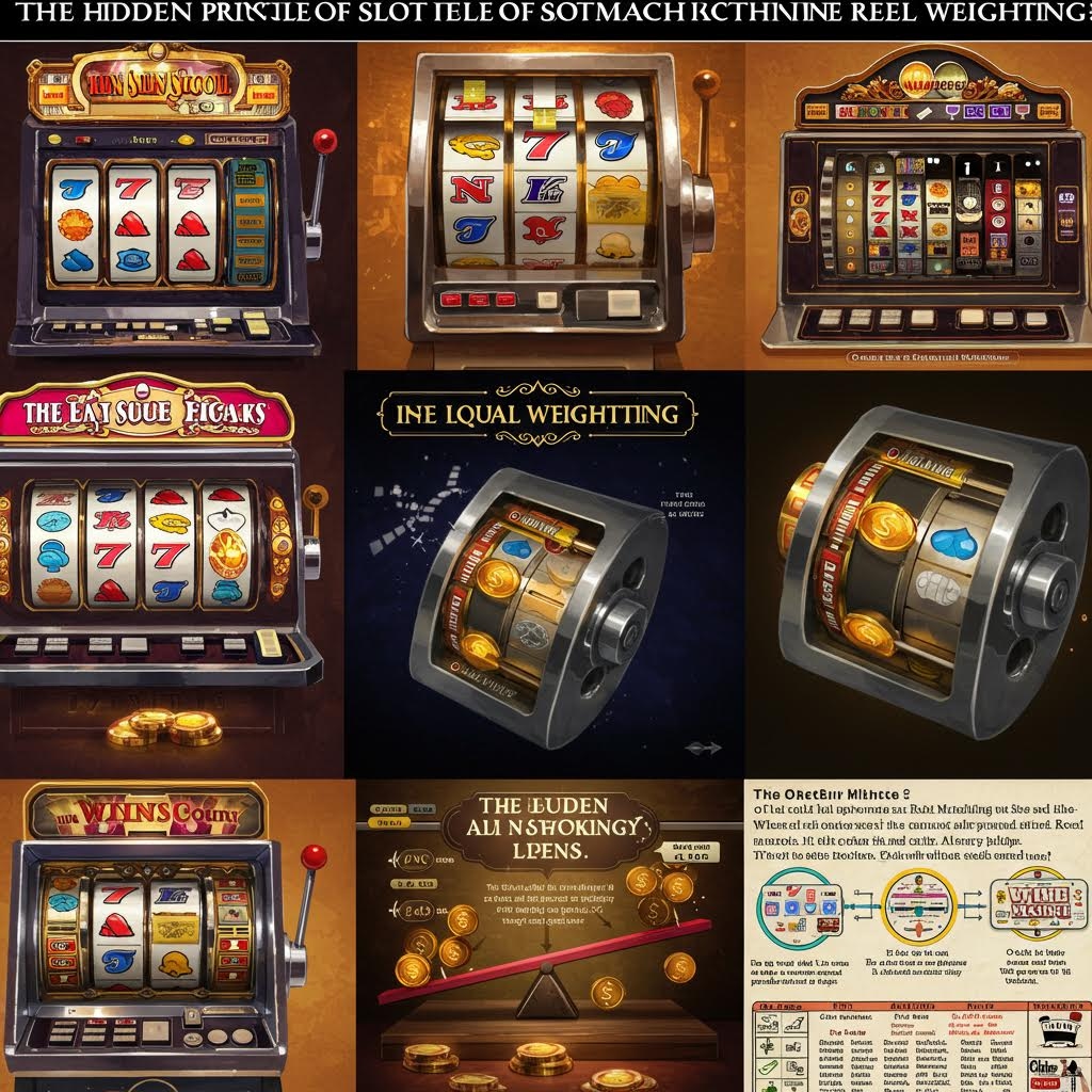 여러 슬롯머신과 릴 가중치 구조를 설명하는 도식들이 하나의 화면에 구성된 콜라주 이미지