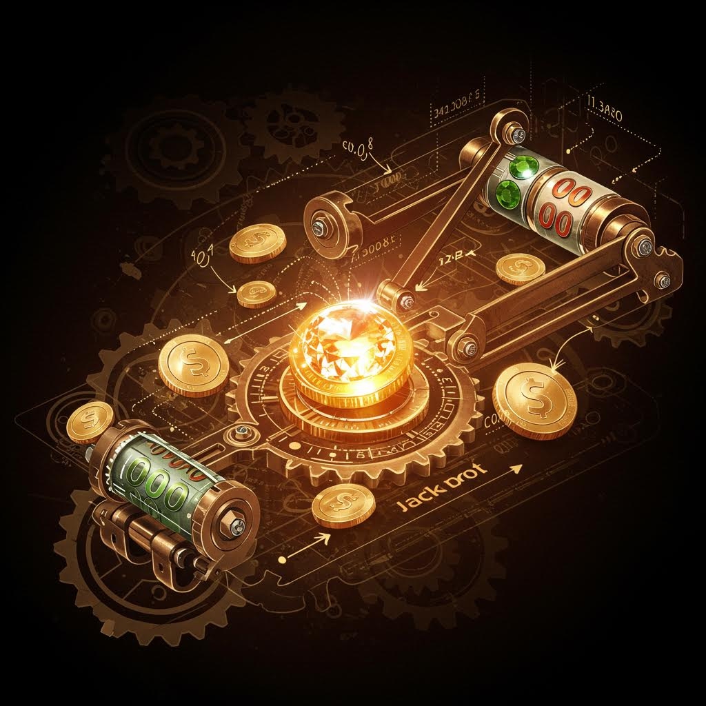 금속 기어와 동전이 함께 배치된 슬롯머신 내부 메커니즘을 표현한 스팀펑크 스타일 이미지