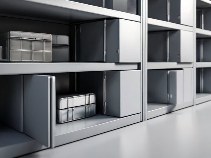 Modular storage blocks with adjustable dividers on a brushed metal surface, representing resizable layout compartments for mobile...