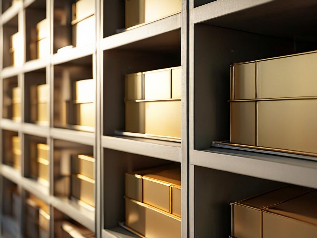 Brushed metal archive box with blank compartments, angled morning light, shallow depth of field.