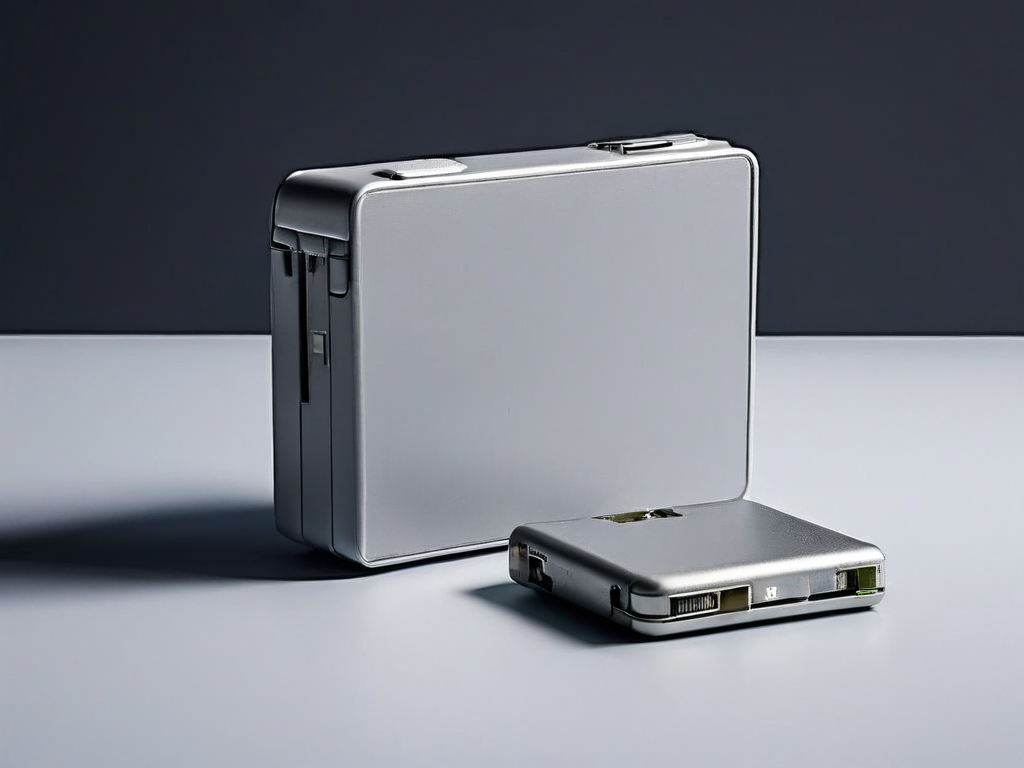 A gray memory card, sealed external drive, and blank photo sleeve arranged on a matte studio surface with soft side light and...