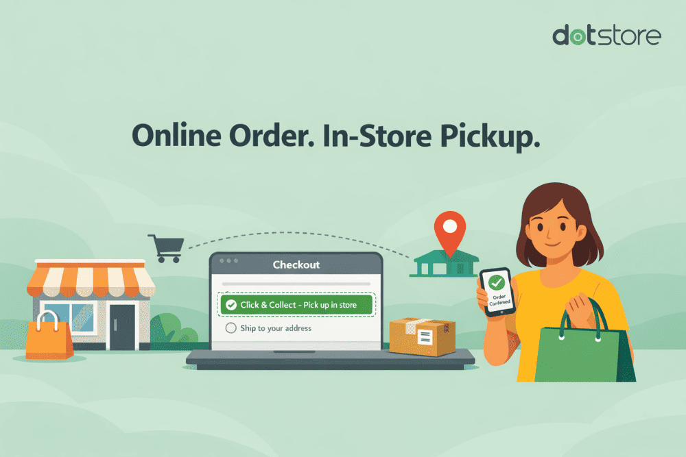 Infographic showing a product configuration process followed by a choice between store pickup and home delivery.
