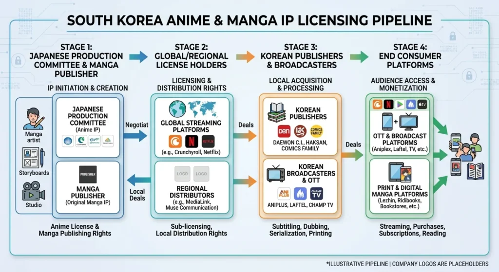 Technical flowchart showing the IP licensing pipeline for anime and manga from Japan to South Korean platforms.